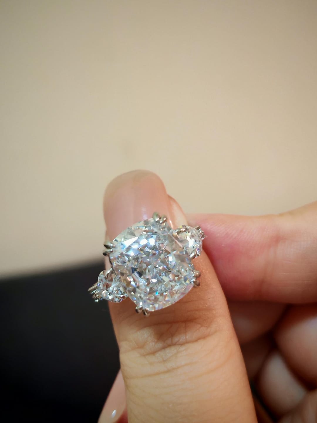 Customer photo review of S925 6.0Ct Cushion Cut Three Stone Engagement Ring Simulated or Moissanite Diamond Bridal Rings For Women