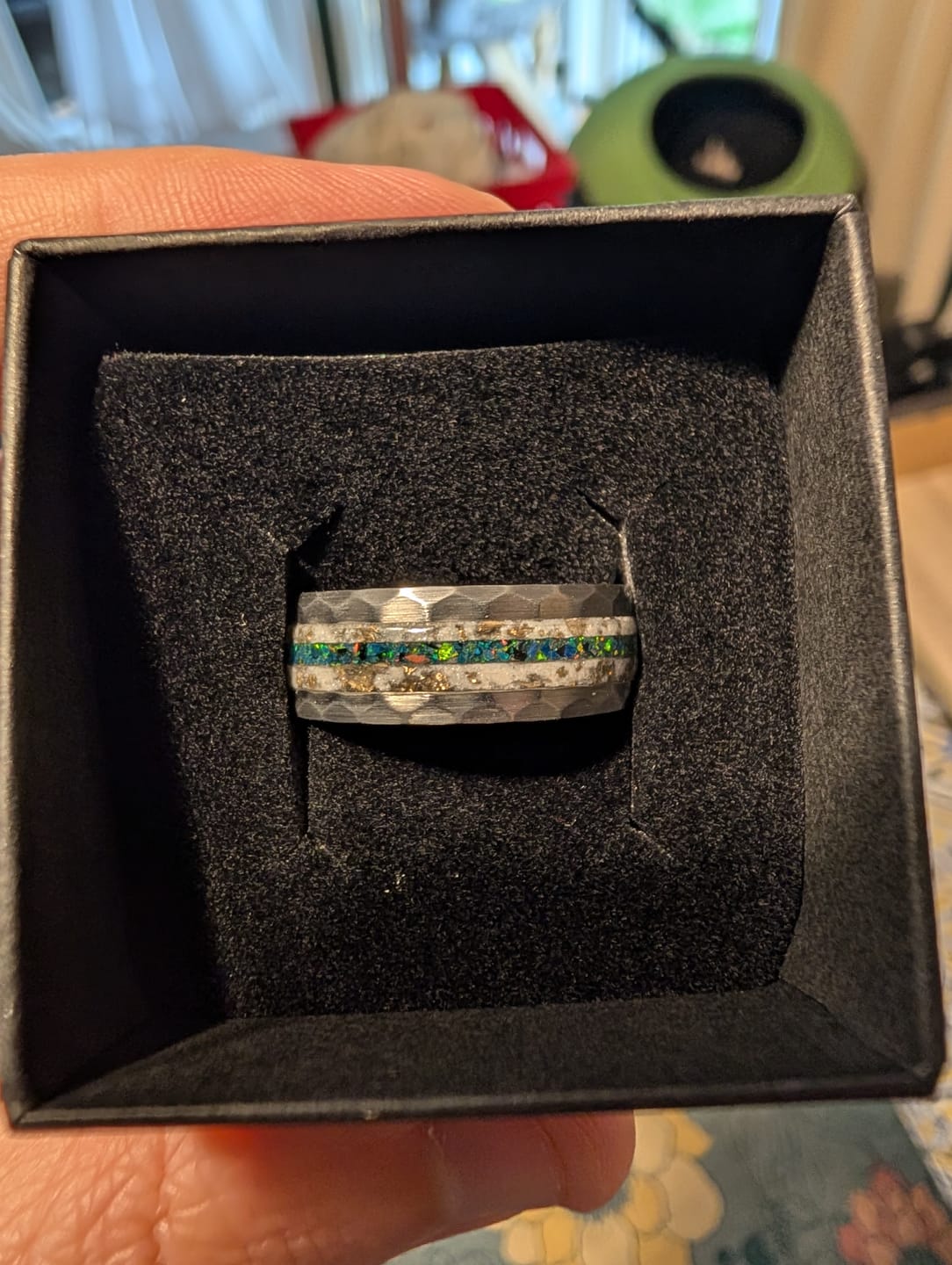 Customer photo review of Black Opal Mokume Game & Meteorite Tungsten Ring