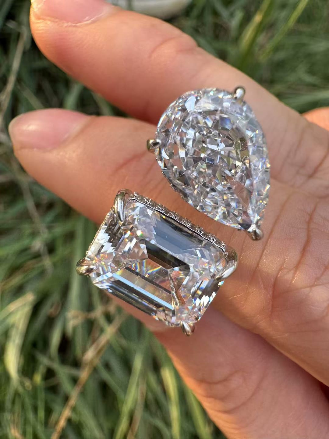 Customer photo review of Louily Unique Double Stones Design Emerald Cut & Pear Cut Engagement Ring