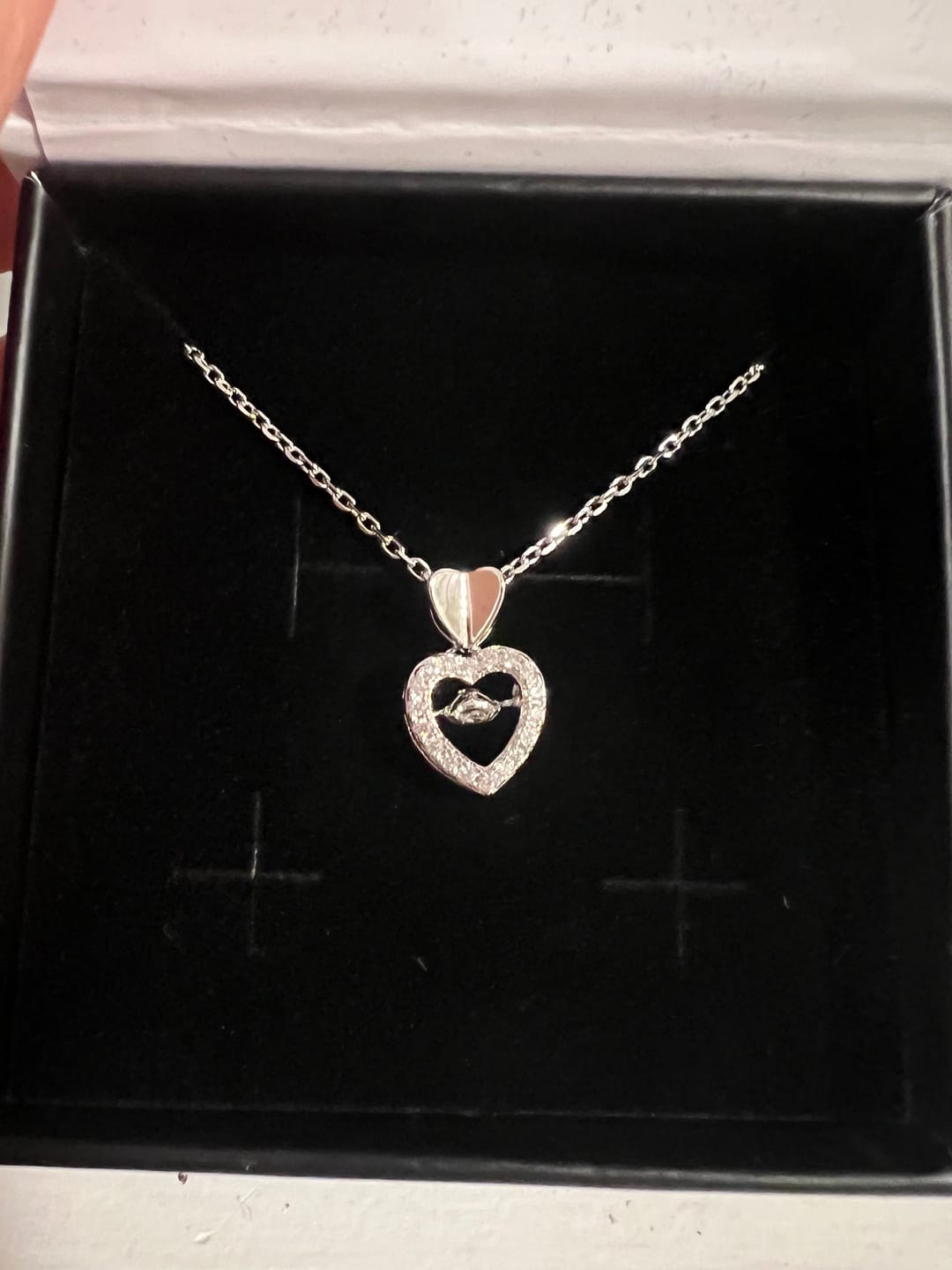 Customer photo review of Shelby 18k White Gold Plated Heart Dancing Necklace with Swarovski Crystals