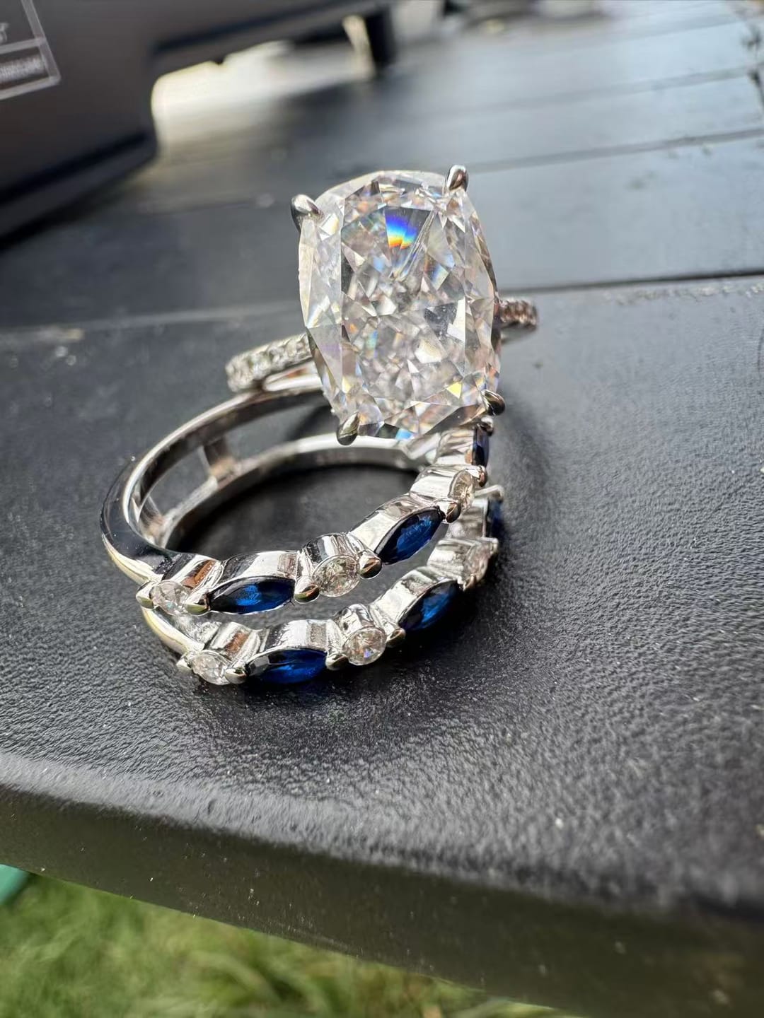 Customer photo review of S925 6.5Ct Cushion Cut Insert Wedding Ring Set With Unique White & Blue/Red Stone Engagement Ring Enhancer