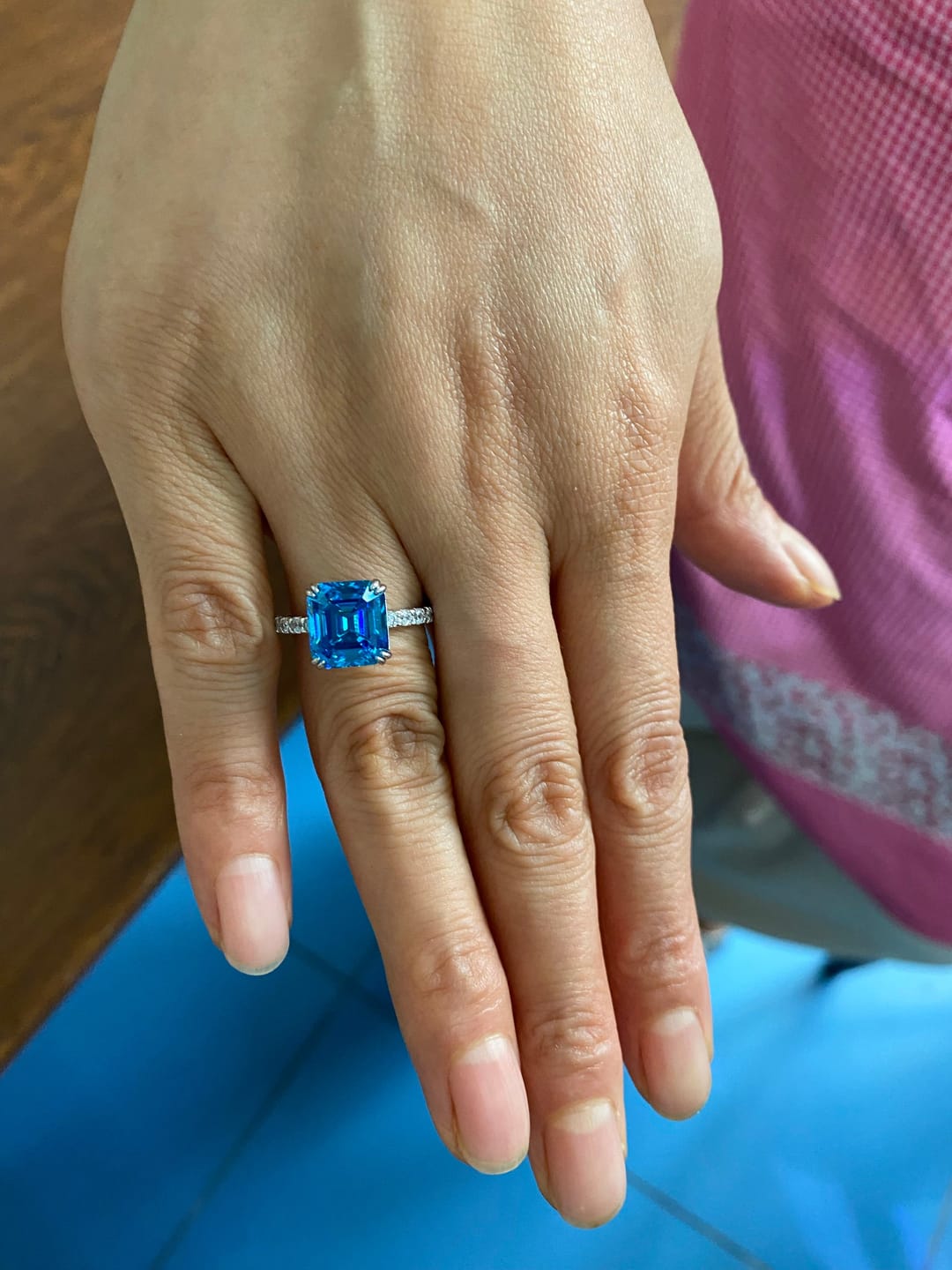 Customer photo review of S925 Honorable 4.5Ct Asscher Cut Engagement Ring Stackable Travel Ring For Women