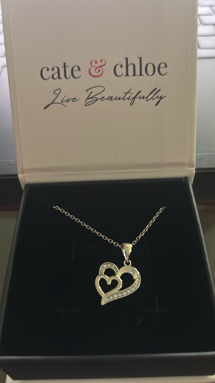 Customer photo review of Jennifer 18k White Gold Plated Double Heart Necklace with Swarovski Crystals