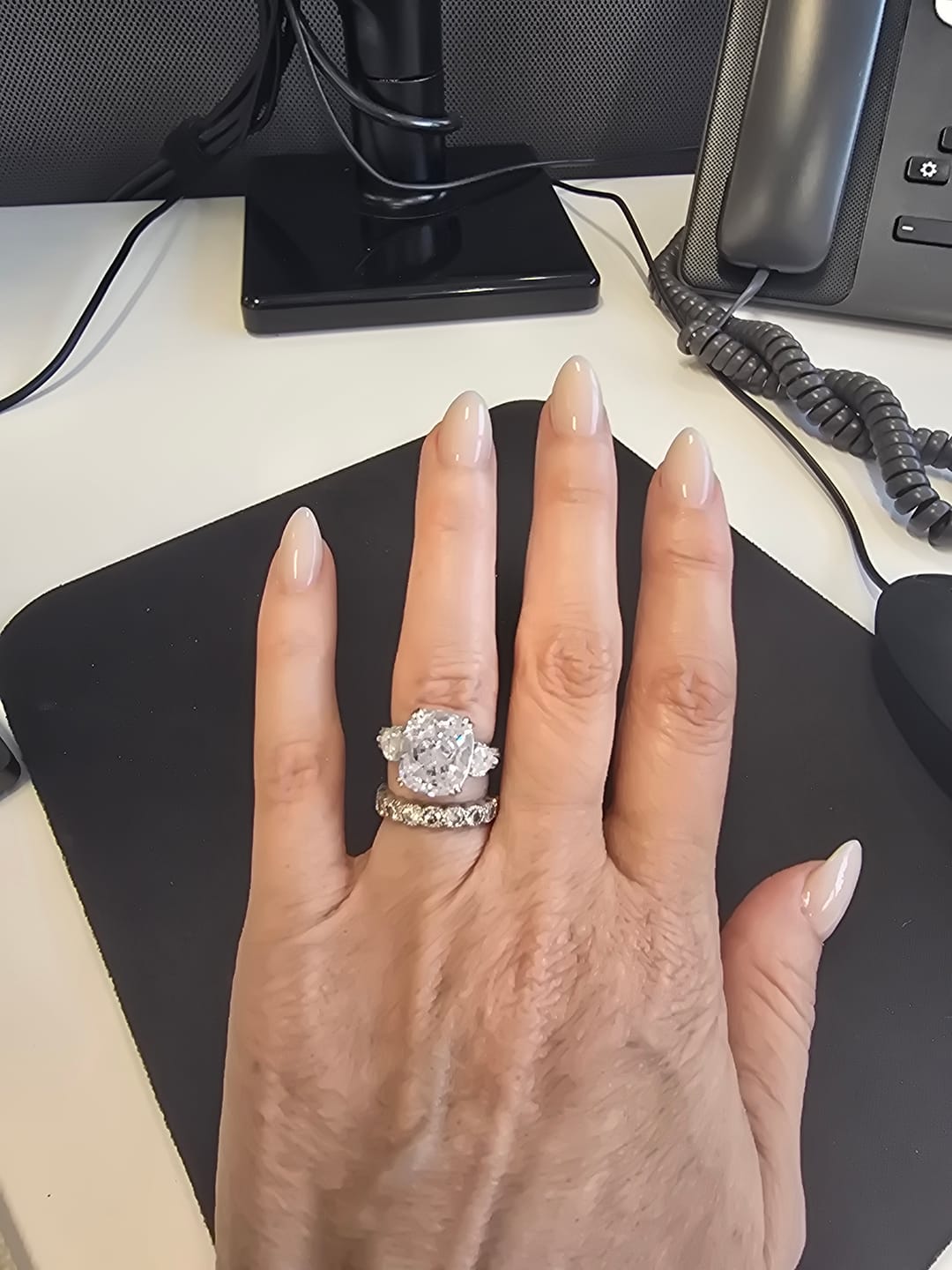 Customer photo review of S925 6.0Ct Cushion Cut Three Stone Engagement Ring Simulated or Moissanite Diamond Bridal Rings For Women