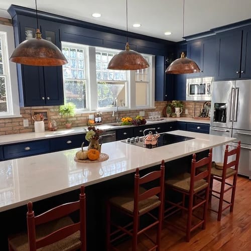 Stacey P. verified buyer photo - oxidized copper dome pendant light installed over kitchen island