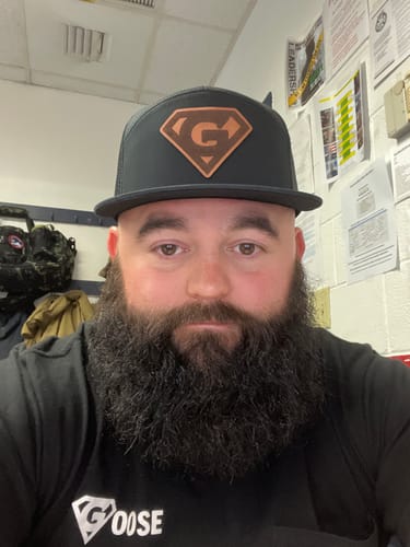 Customer photo review of Flat Bill Seven-Panel Leather Patch Hat - Richardson 168