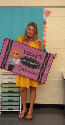 Customer photo review of Teacher Crayon Welcome To Classroom - Personalized Doormat - Back To School Gift, Classroom Decoration