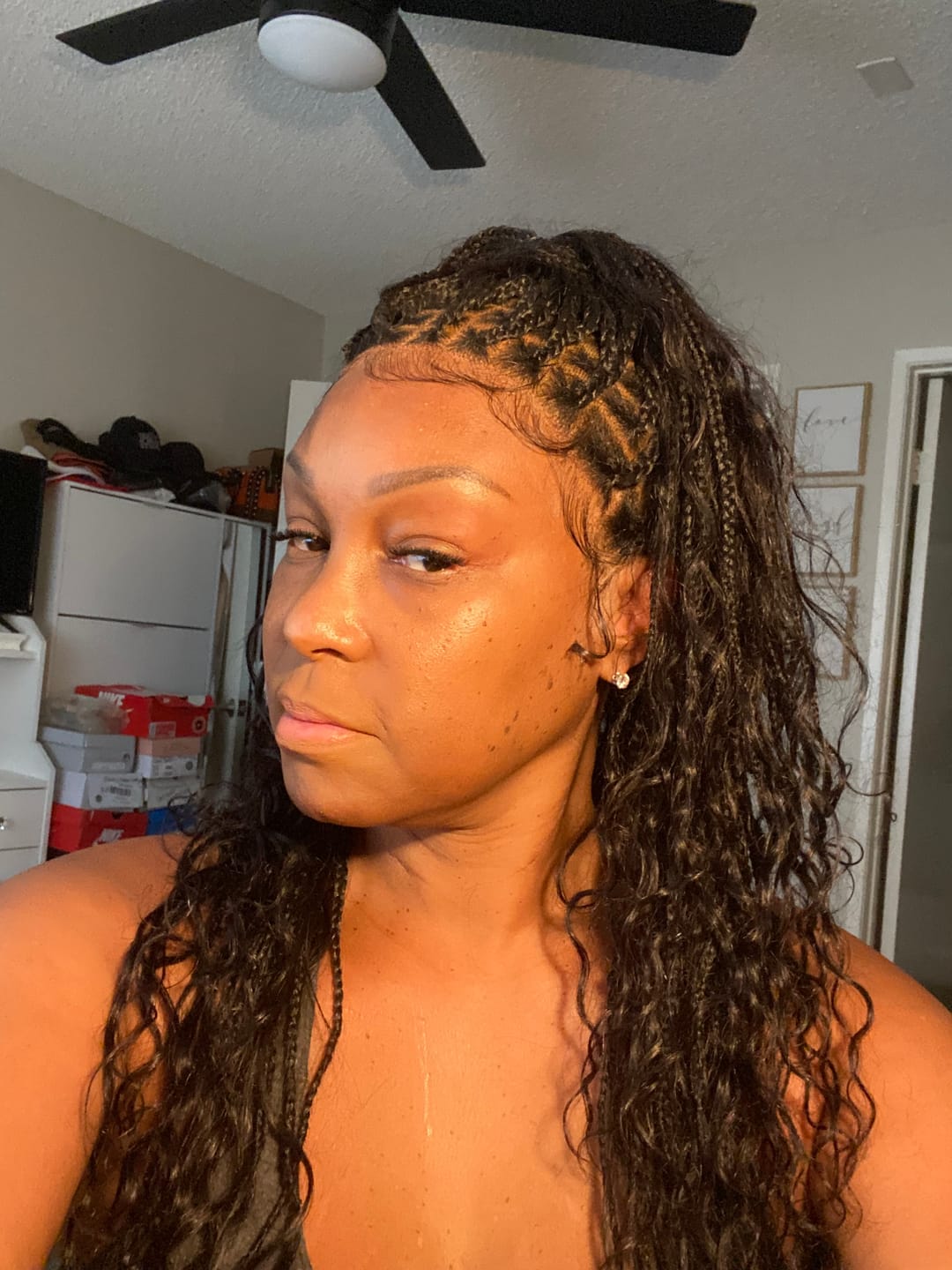 Customer photo review of Kiki - Pre Bleached Human Hair Deep Wave Curls Pre Bleached Knotless Swiss HD Full Lace Boho Box Braided Wig
