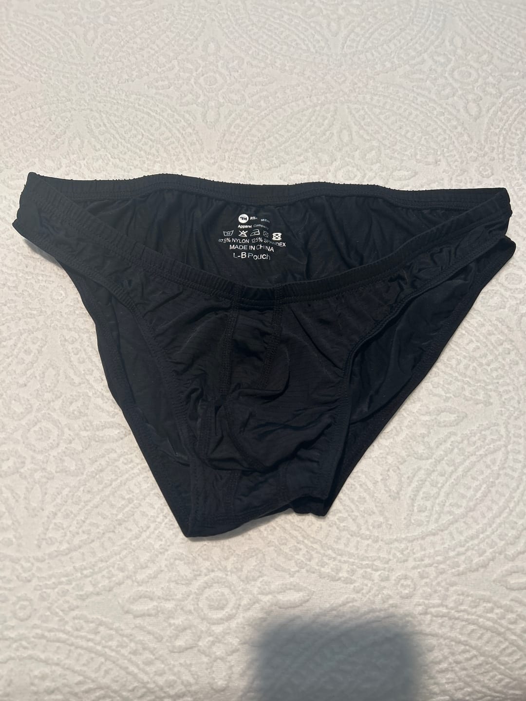 Customer photo review of Nylon 0in Low-Rise Bikini Briefs No Fly 3pk Black/Gray/White