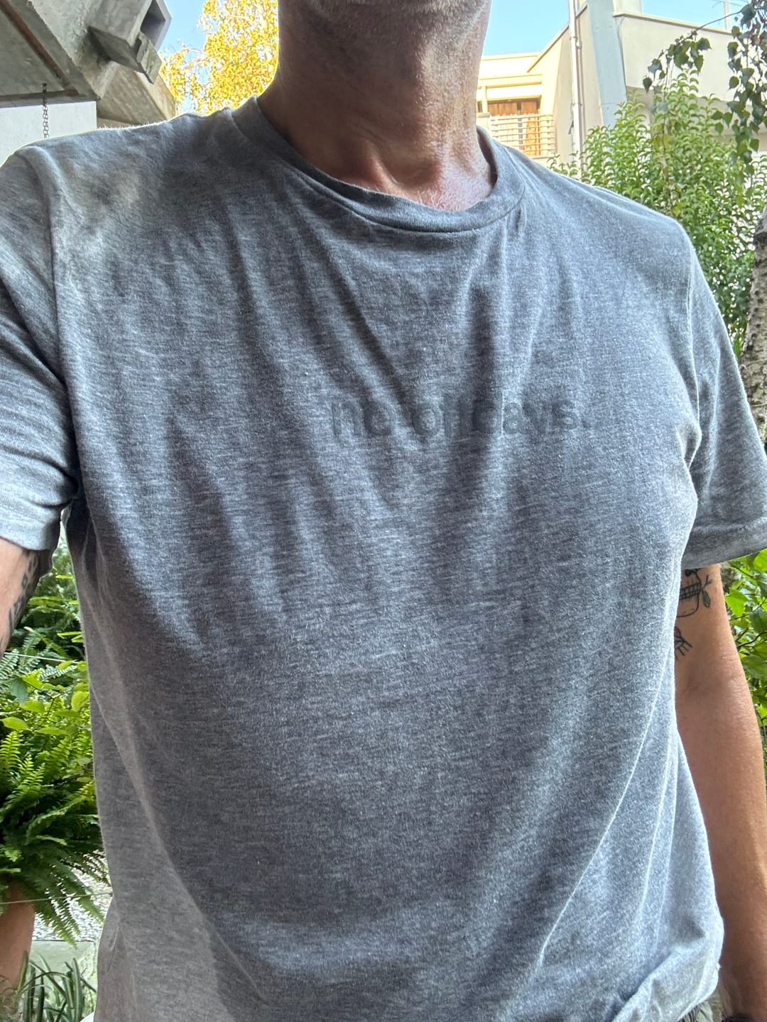 Customer photo review of tee, no offdays, heather grey.