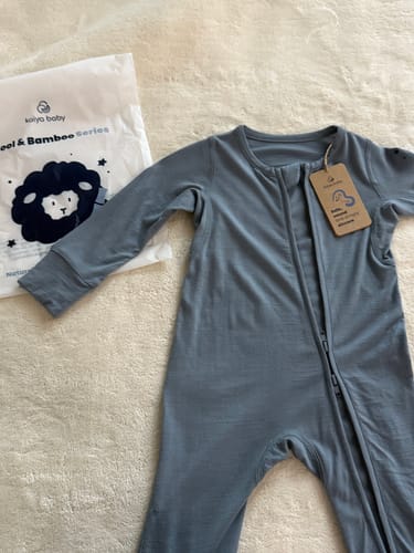 Customer photo review of ClimaCuddle Zipped Baby Romper - Merino Wool & Rayon Bamboo - Misty Blue