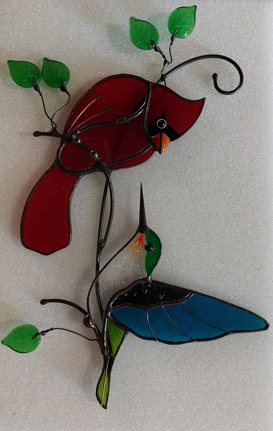 Customer photo review of Cardinal with hummingbird stained glass suncatcher - Anniversary gift