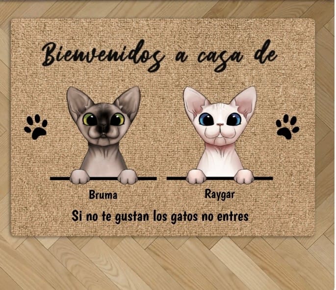 Customer photo review of Bienvenidos a lo de gatos curiosos - Felpudo personalizado