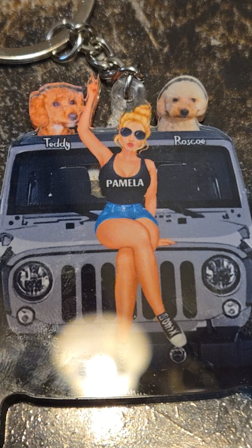 Customer photo review of Personalized A Girl With Off-Road Car And Dog Keychain Gift For Journey Girls