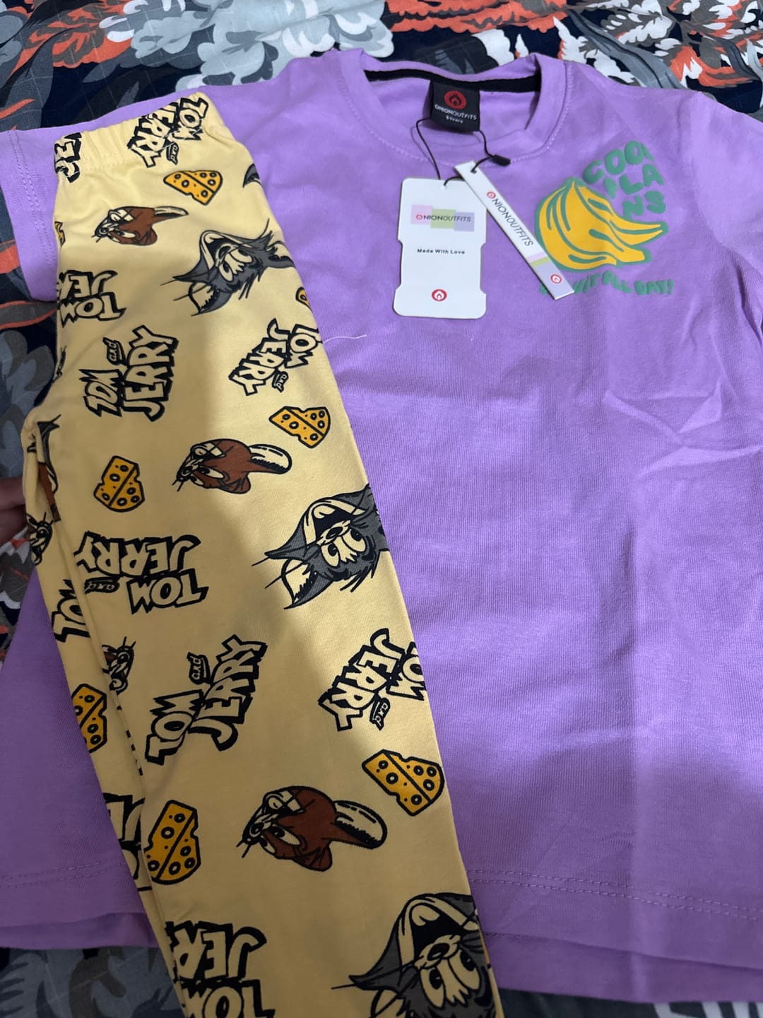 Customer photo review of Purple T shirt paired with All over printed lycra cotton tight