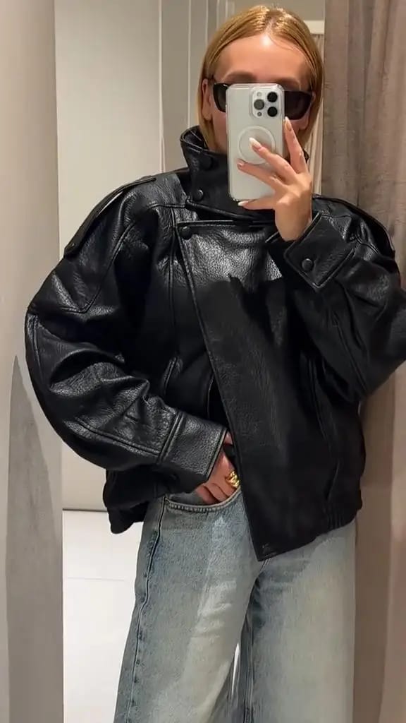 Customer photo review of Cecil - Women's Asymmetrical Black Leather Jacket with Zipper Closure