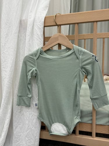 Customer photo review of ClimaCuddle Baby Bodysuit Long Sleeve - Merino Wool & Rayon Bamboo - Pea Green