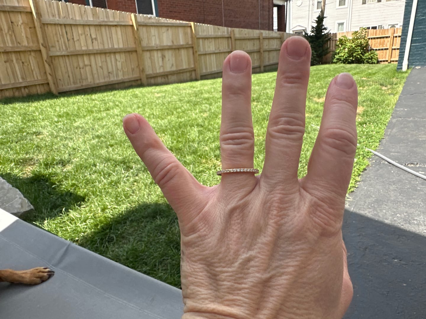 Customer photo review of 1.5mm Moissanite Slim Eternity Ring