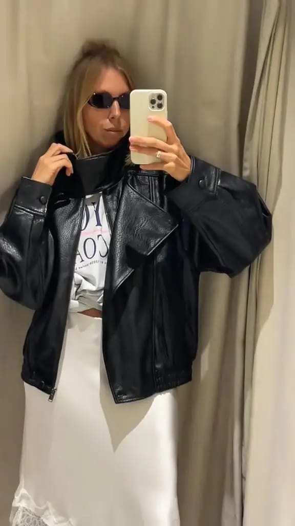 Customer photo review of Cecil - Women's Asymmetrical Black Leather Jacket with Zipper Closure