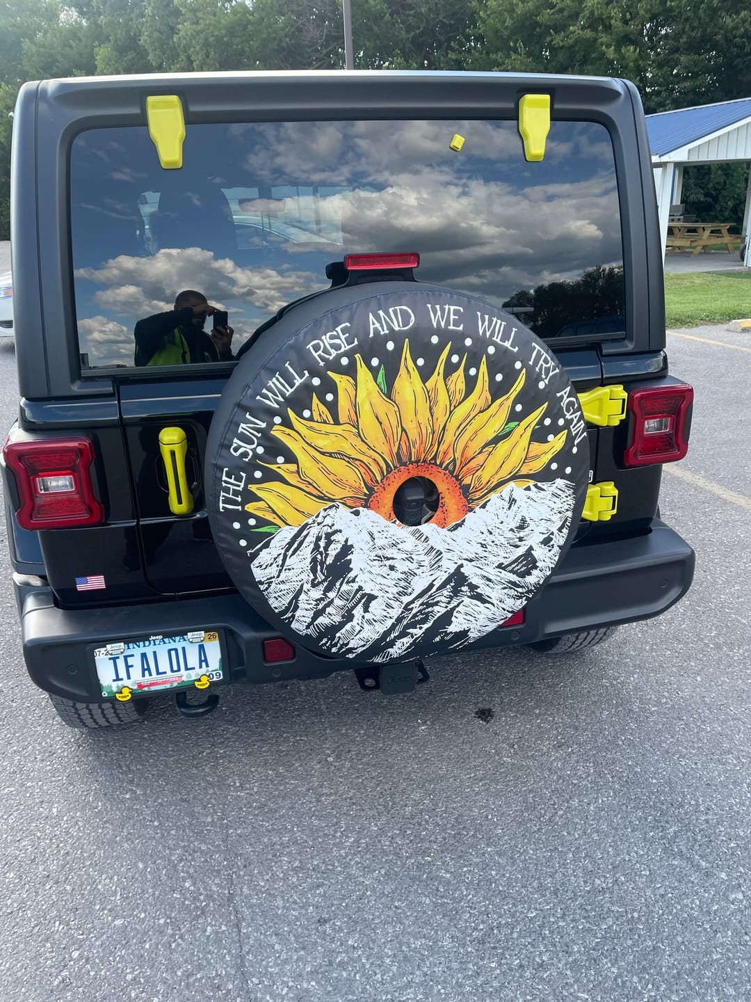 Customer photo review of The Sun Will Rise And We Will Try Again - Sunflower Spare Tire Cover LT11