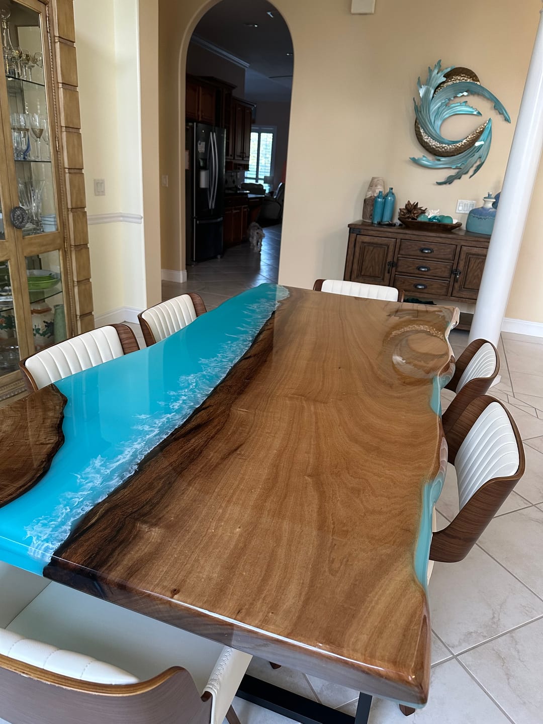 Customer photo review of Custom Golden Camphor Kitchen Epoxy Resin River Table CRT-082