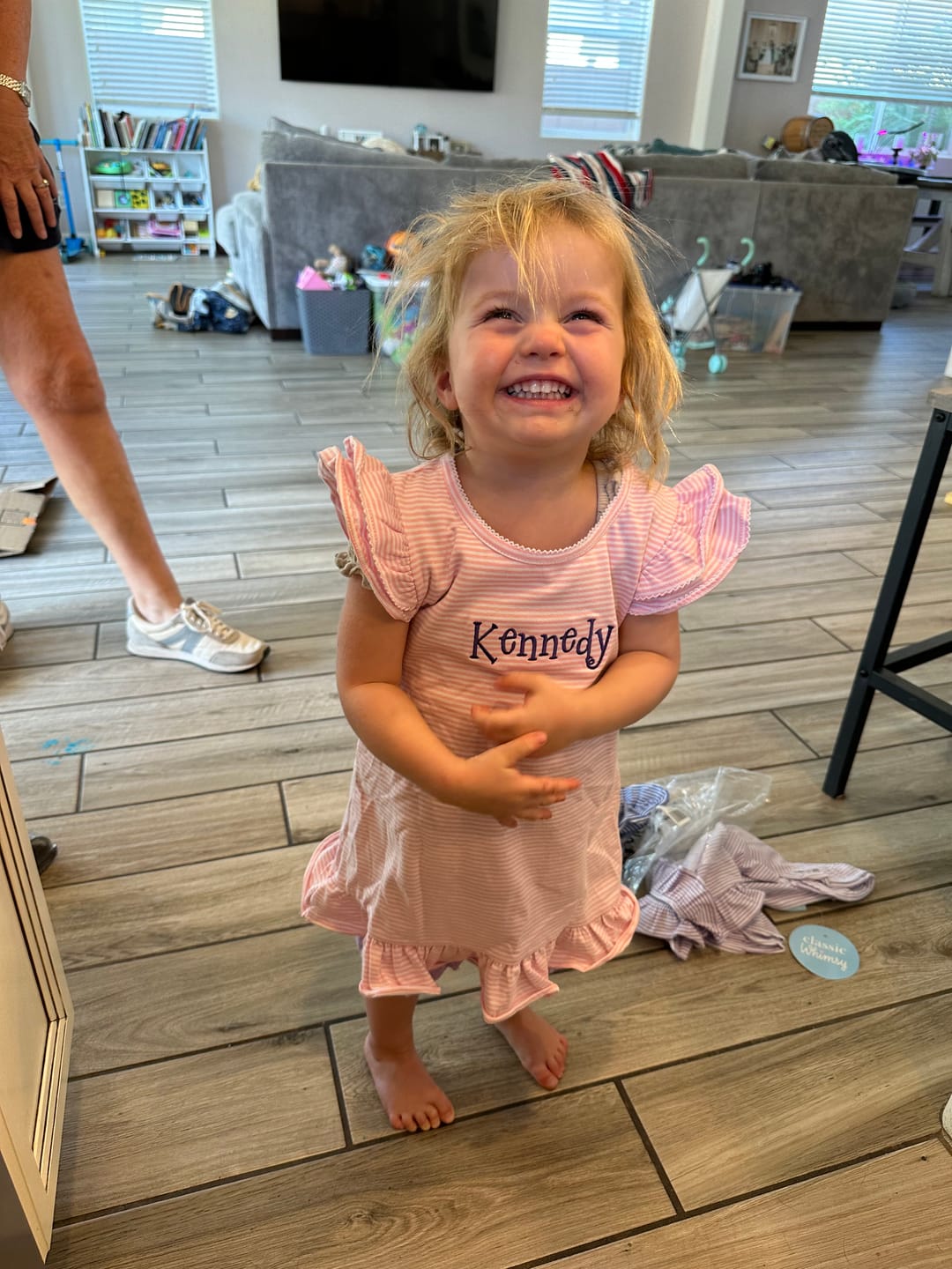 Customer photo review of Milly Stripe Ruffle Dress Pink