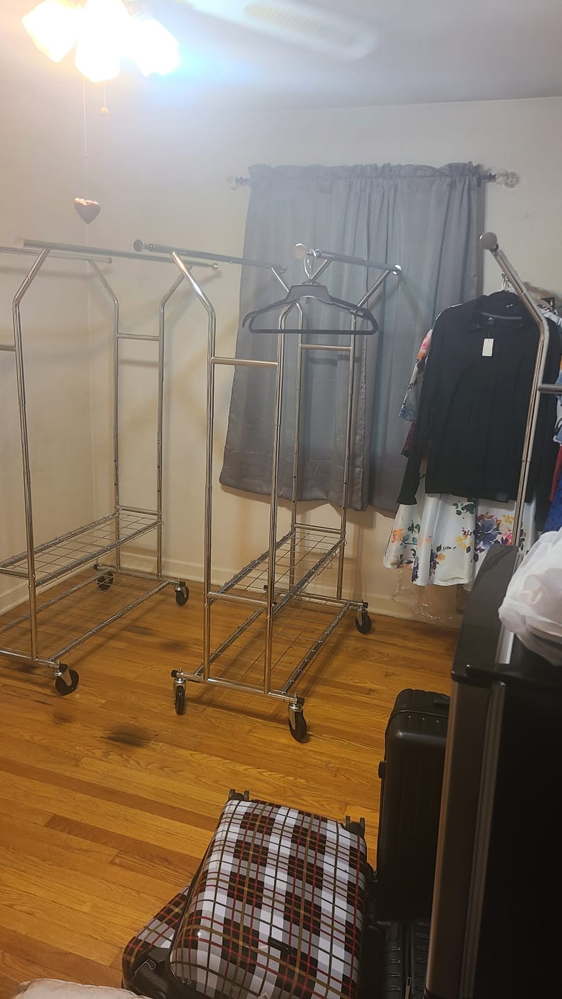 Customer photo review of Raybee 74"W Heavy Duty Clothes Rack on Wheels, 630LBS Adjustable Double Rod Garment Rack, Chrome Metal Commercial Clothing Rack with Storage Shelves