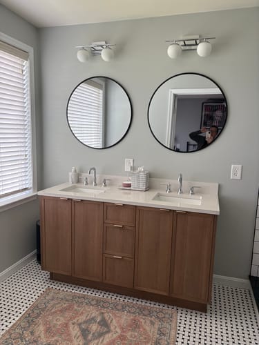 Customer photo review of Cape Breton 60" Mid Century Oak Bathroom Vanity, Double Sink