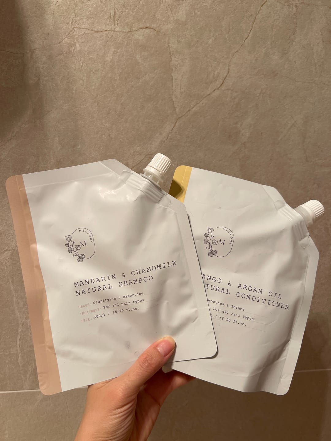 Customer photo review of Shampoo + Conditioner Refill Pouches