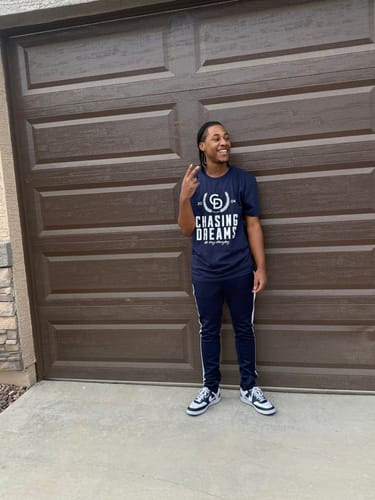 Customer photo review of Outside Solid One Stripe Track Pants (Navy - White)