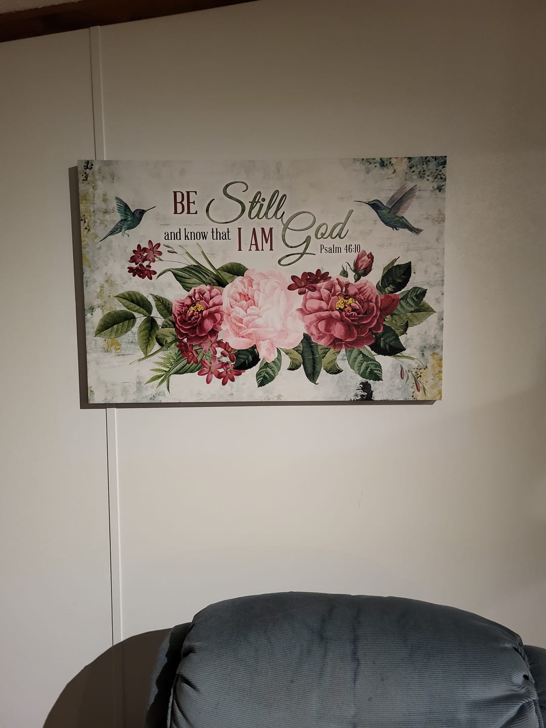 Customer photo review of Be Still and Know That I Am God, Vintage Flower Hummingbird, Wall art canvas