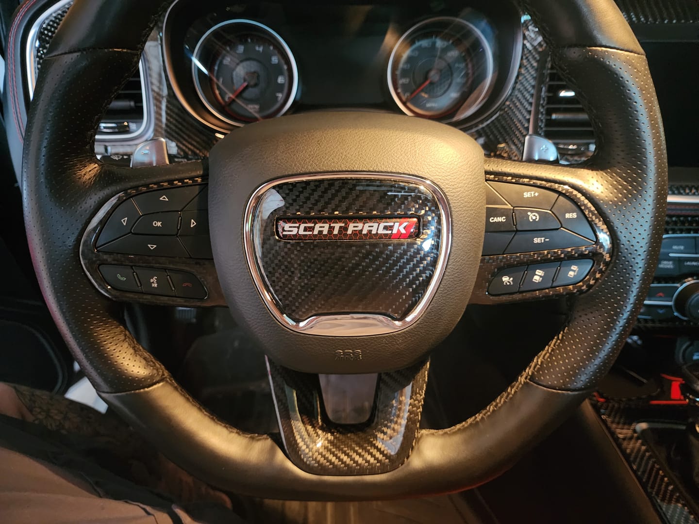Customer photo review of Dodge Challenger/Charger/Durango 2015-2023 Carbon Fiber Steering Wheel Airbag Center Overlay