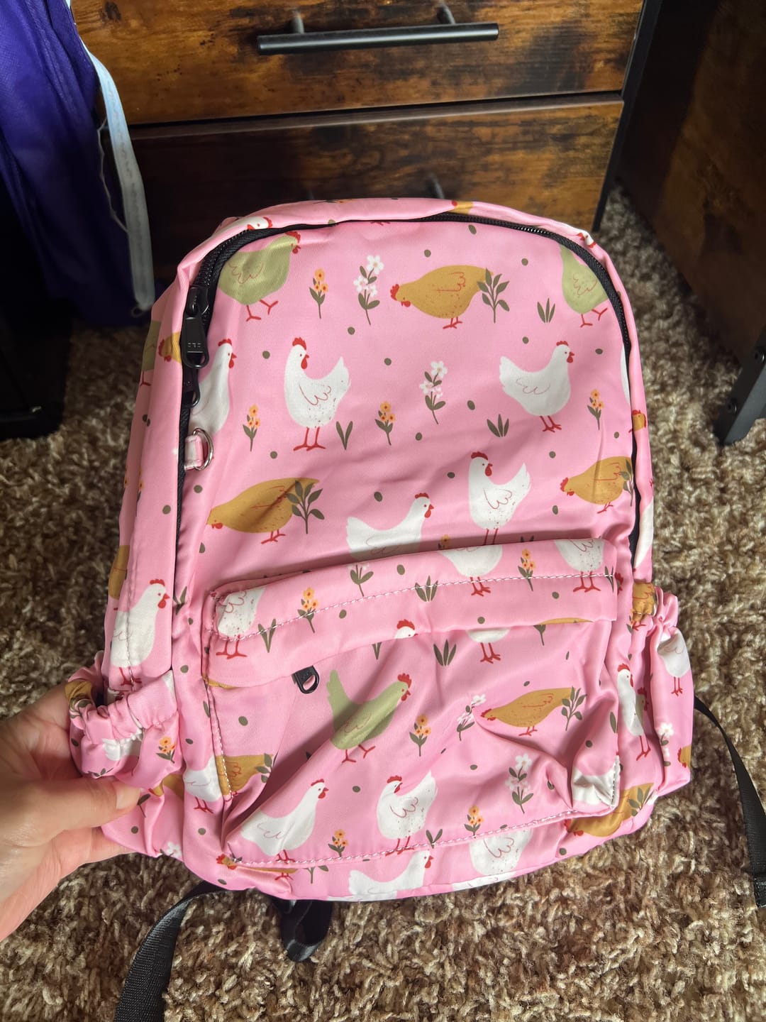 Customer photo review of Pink Cottage Chicken Backpack *PREORDER*