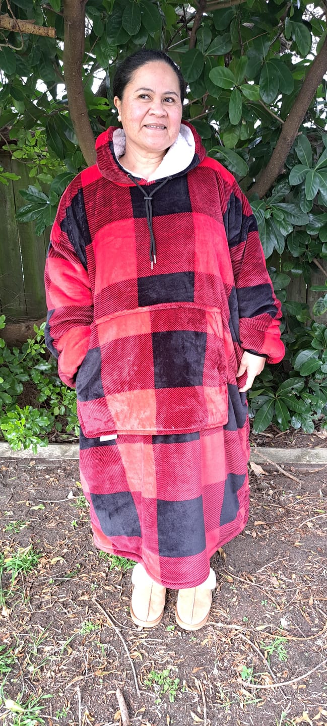 Customer photo review of EXTRA LONG ADULTS BLANKET HOODIE - RED PLAID