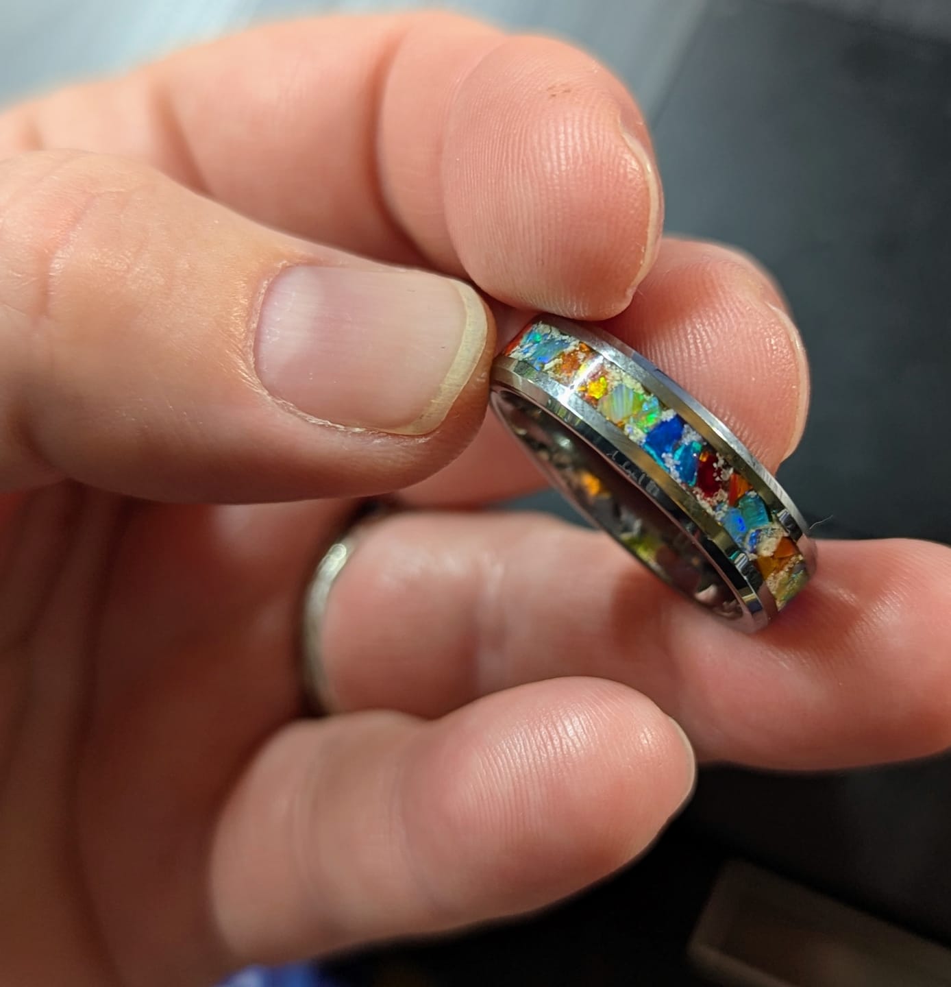 Customer photo review of Tungsten Opal Ring with Cremation Ashes