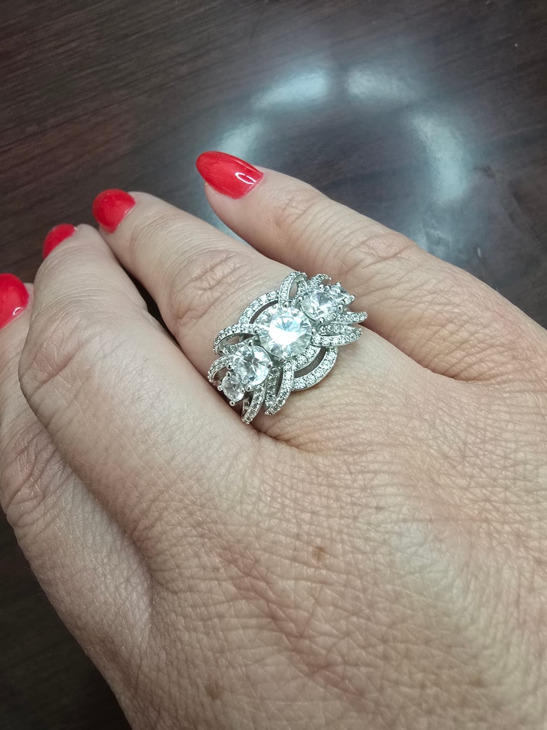 Customer photo review of Five Stone Round Moissanite Multi-Row Crossover Pave Engagement Ring