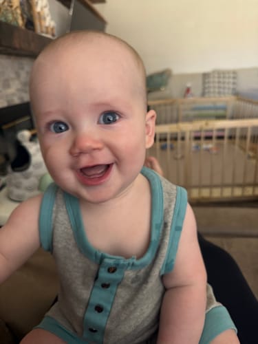 Customer photo review of tank romper | vintage aqua colorblock