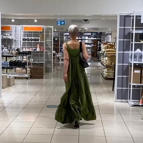 Customer photo review of Noelle Strappy Tiered Satin Maxi Dress | Olive Green