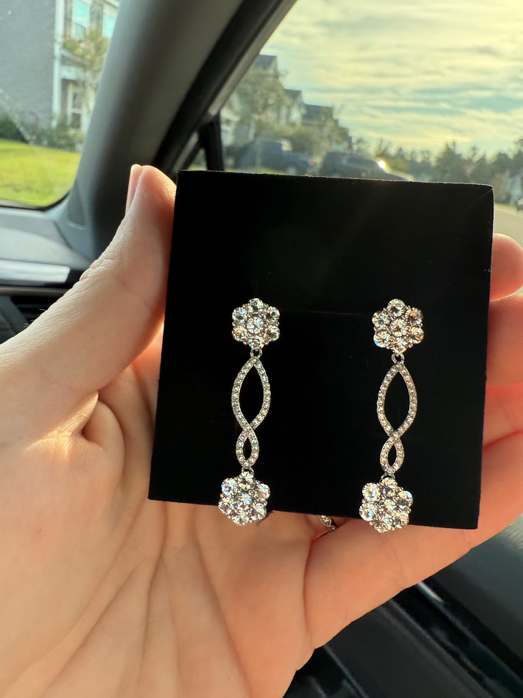 Customer photo review of Jessica 18k White Gold Plated Dangle Earrings with Swarovski Crystals