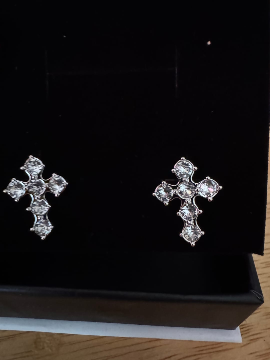 Customer photo review of Marissa 18k White Gold Plated Cross Stud Earrings with Swarovski Crystals