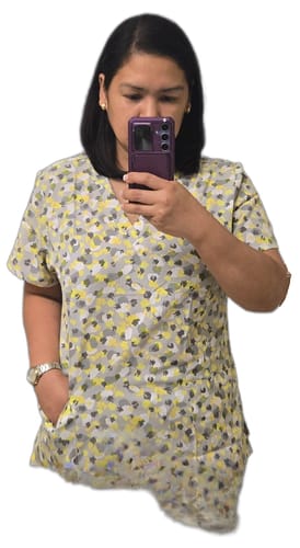 Customer photo review of Maevn Prints 1767 Printed Curved V-Neck Top
