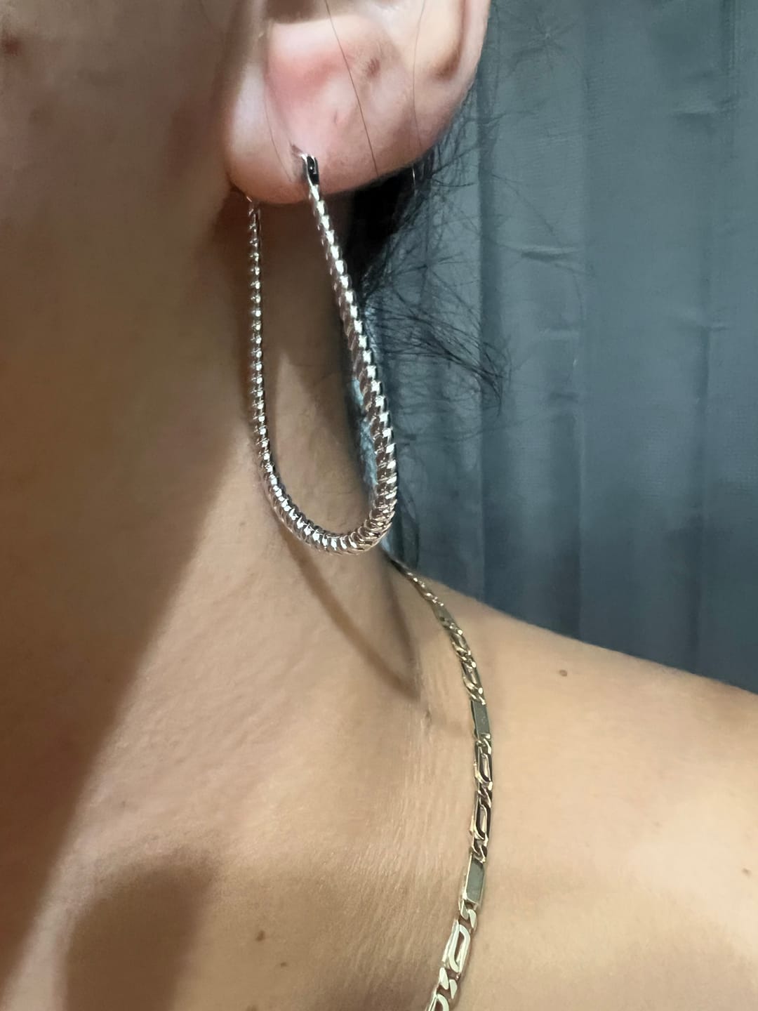 Customer photo review of Angelica 18k White Gold Plated 45mm Twisted U-Shaped Hoop Earrings