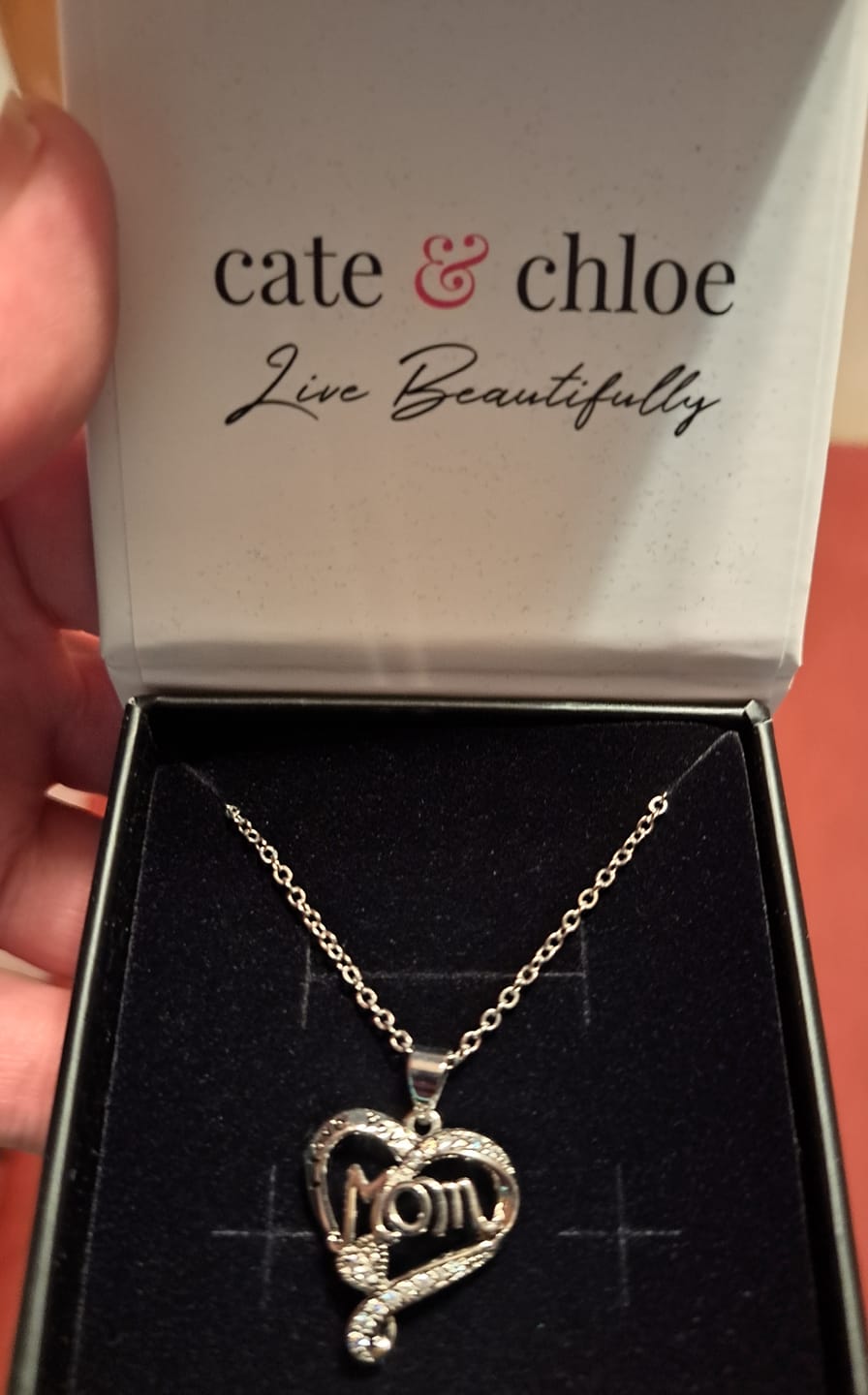 Customer photo review of Karina 18k White Gold Plated Mom Heart Pendant Necklace with Simulated Diamond Crystals