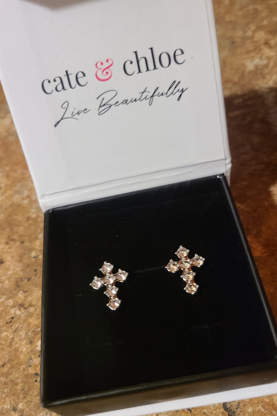 Customer photo review of Marissa 18k White Gold Plated Cross Stud Earrings with Swarovski Crystals