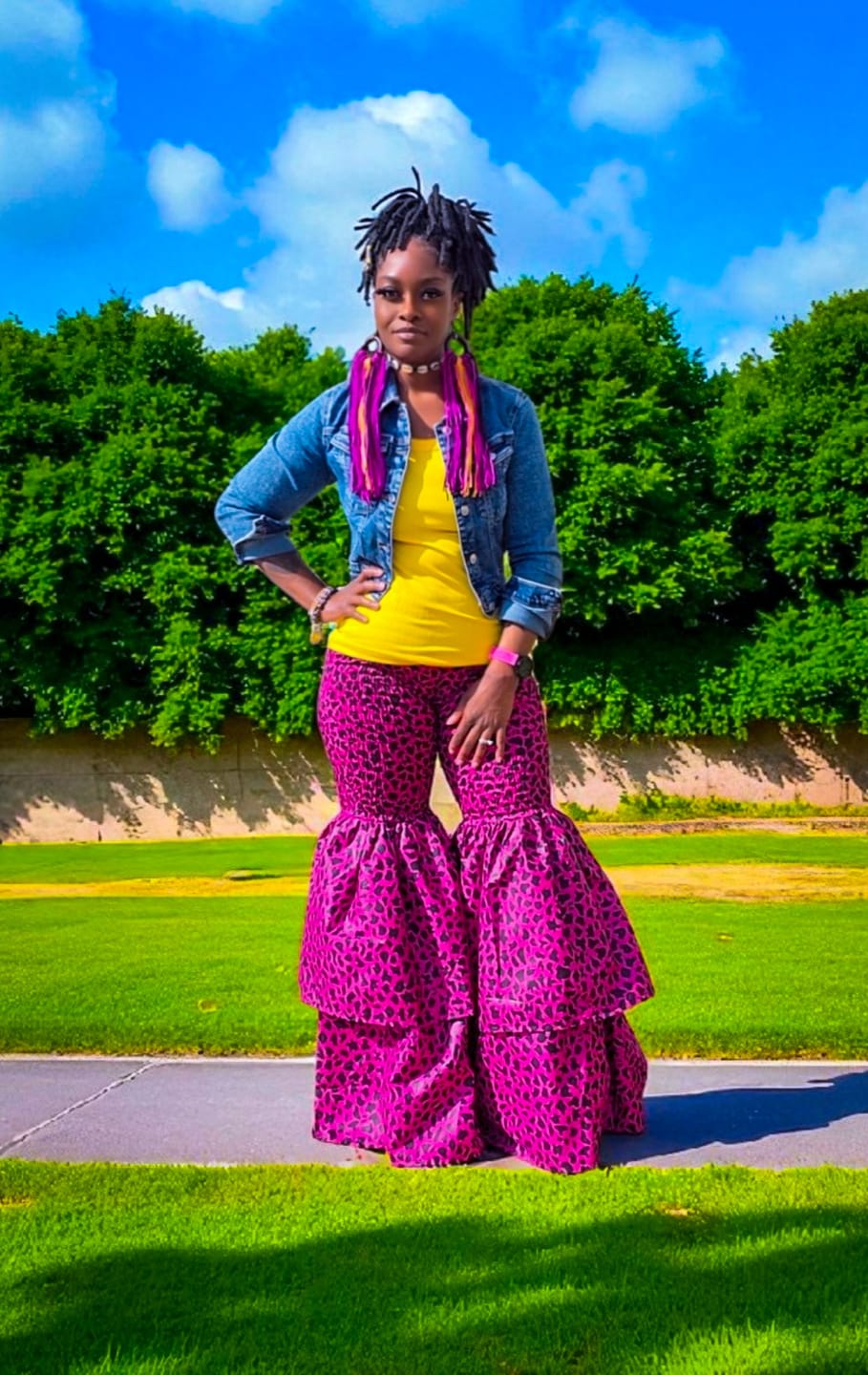 Customer photo review of Kimi Women's African Print Bell Bottom Pants - Pink