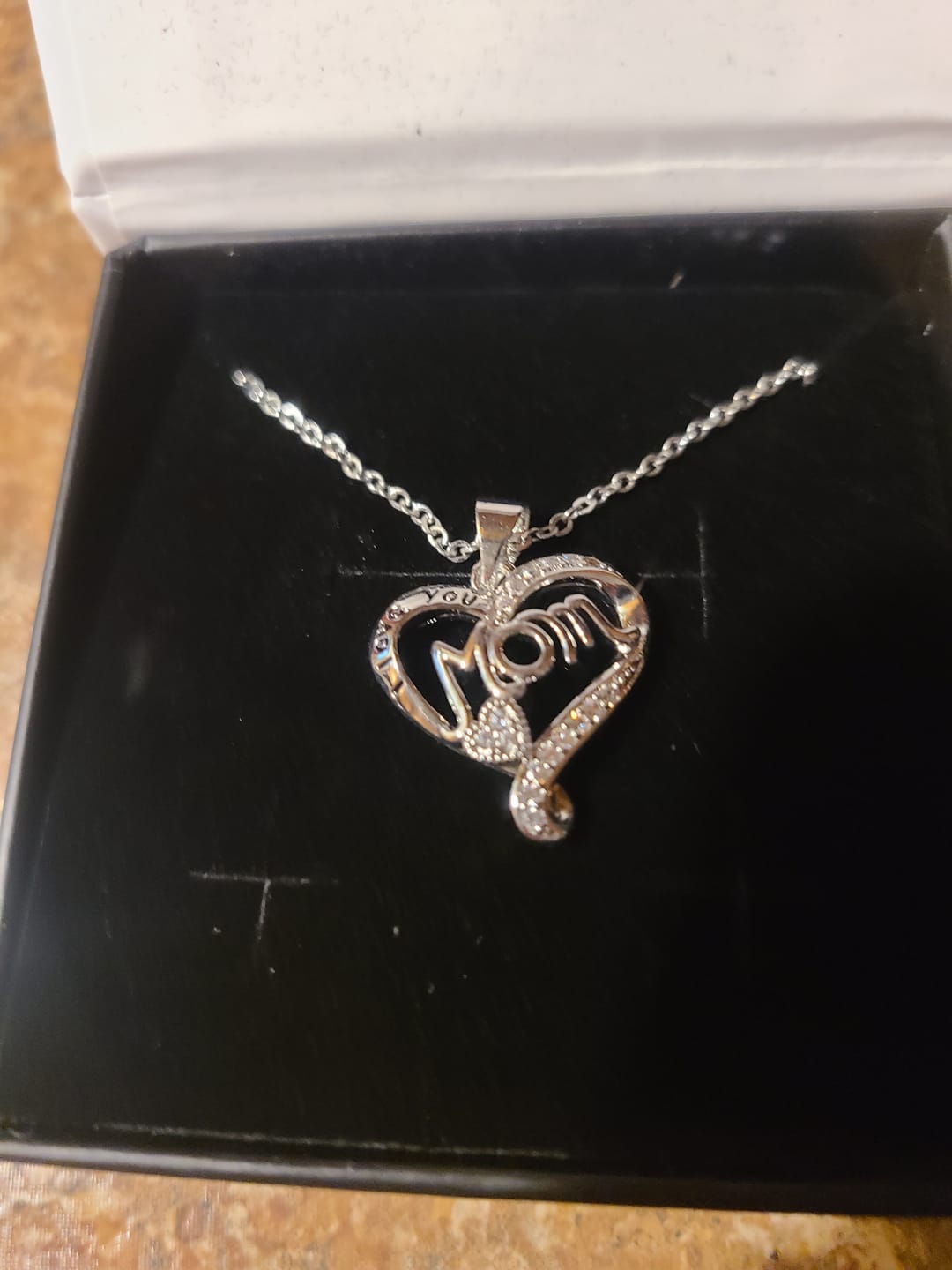 Customer photo review of Karina 18k White Gold Plated Mom Heart Pendant Necklace with Simulated Diamond Crystals