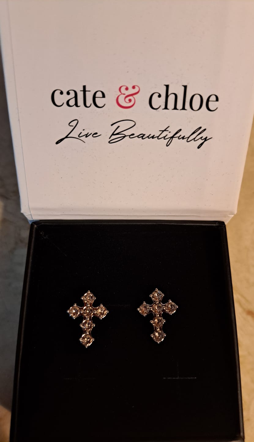 Customer photo review of Marissa 18k White Gold Plated Cross Stud Earrings with Swarovski Crystals