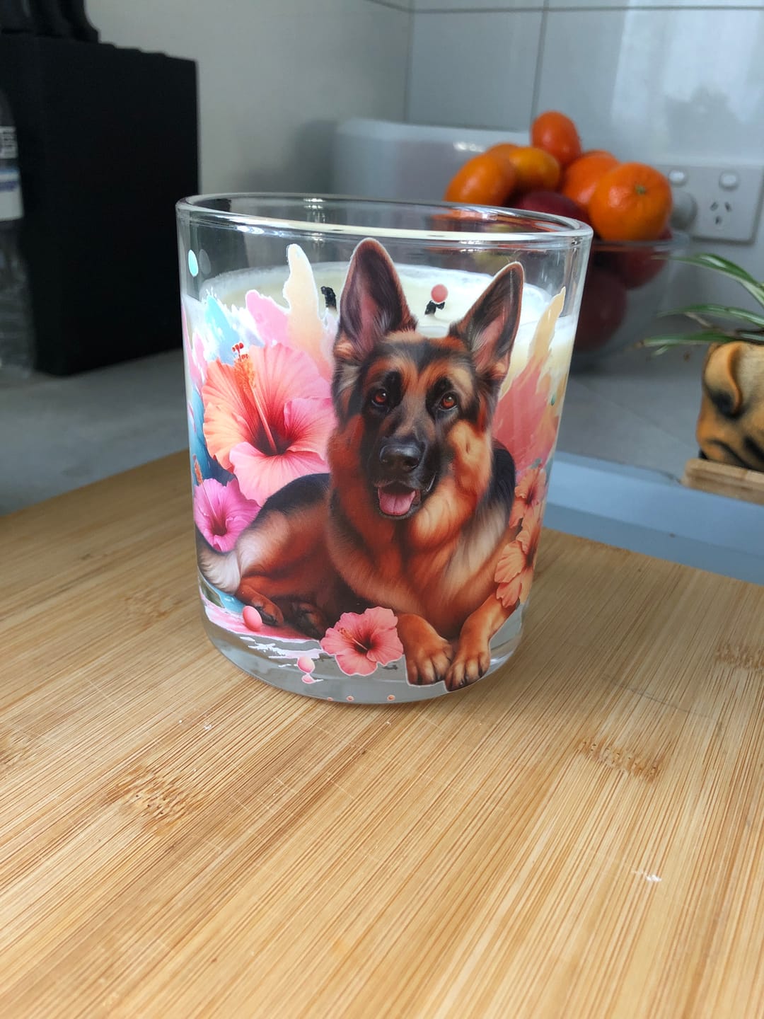 Customer photo review of German Shepherd Peach Hibiscus Xlarge Candle