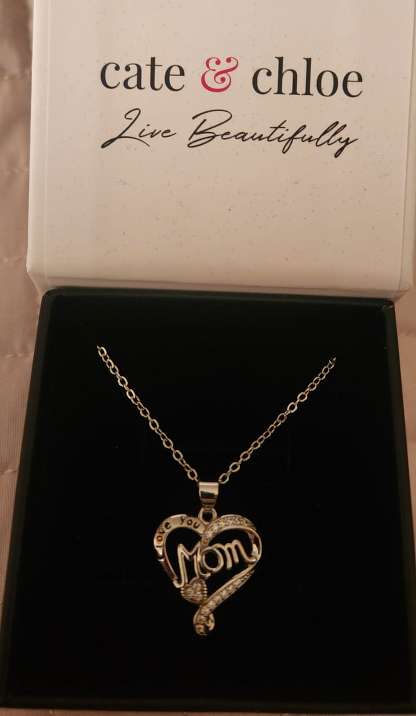 Customer photo review of Karina 18k White Gold Plated Mom Heart Pendant Necklace with Simulated Diamond Crystals