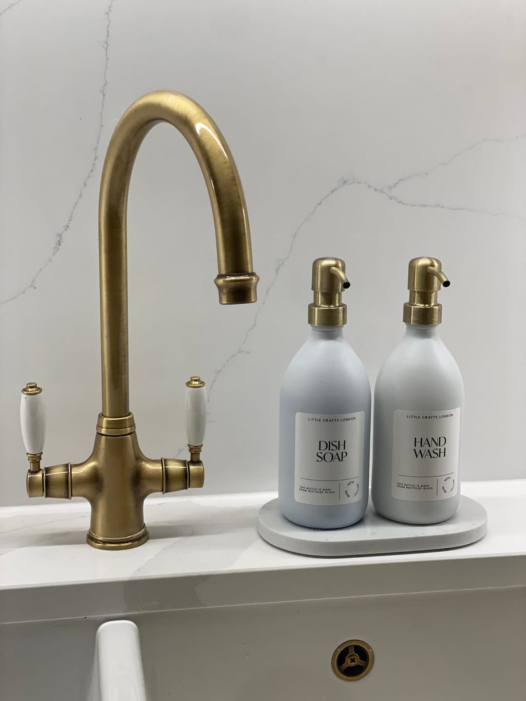 Customer photo review of Set of 2 Milky White Glass Bottle 500 ML with Stainless Steel Pump & Small Tray (White Label)